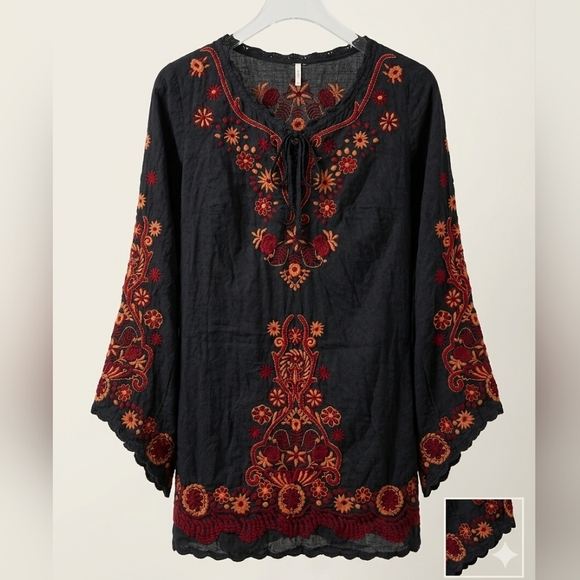 Free People Tops - Free People Embroidered Black P Tunic Top Sz 8  with Red & Rust Floral Detail